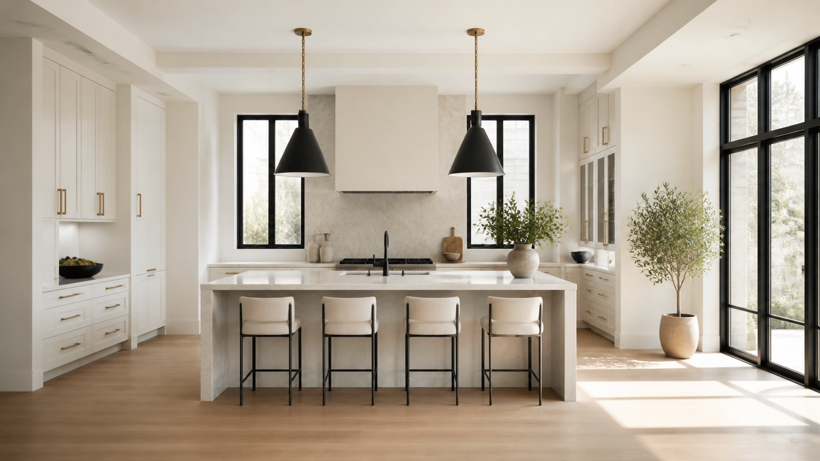 Warm white kitchen with pale stone island and black pendant lights